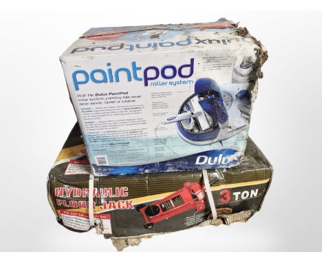 A boxed 3 ton hydraulic floor jack, paint pod roller system, enamelled tool box, galvanized watering can 