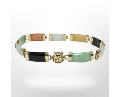 An oriental 14ct gold-mounted hardstone bracelet, length 18.5cm CONDITION REPORT: 9.2g