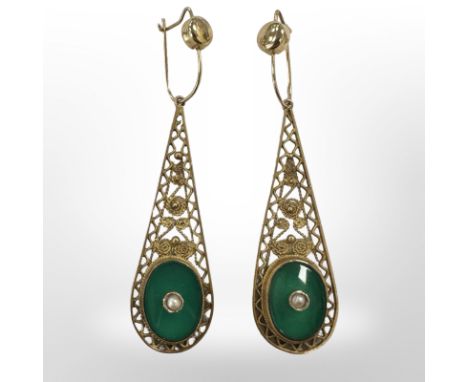 A pair of high-carat gold jade and pearl earrings, length 5cm overall. 