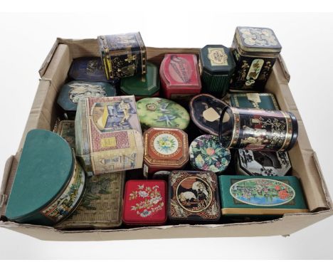 A collection of vintage tins, Ringtons biscuit barrel, blue and white ceramics, enamelled brass scales, etc. (2 boxes)