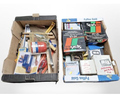 A group of hand tools, home security detectors and other items, all in retail packaging or unused condition. (2 boxes)