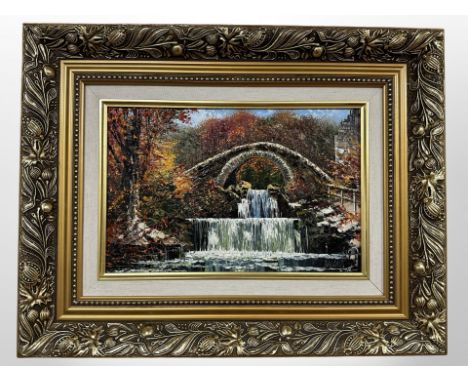 Dallas K Taylor (British, 1941-2011) : Jesmond Dene Waterfall, impasto oil on board, 29cm x 18cm.