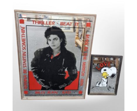 A Michael Jackson picture mirror and a Snoopy mirror, largest 64cm x 46cm.