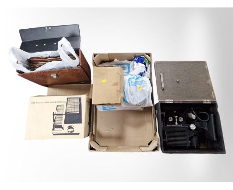 A film projection in travel case, 8mm movie projector, Aldis projector, records etc (1 box)