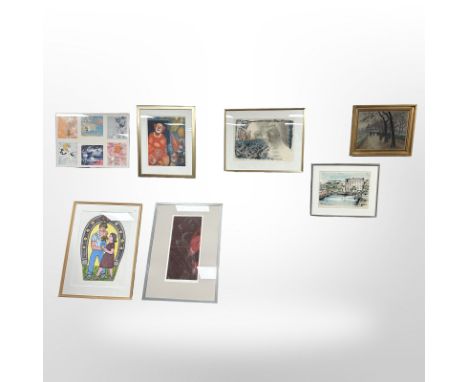 Seven continental pictures to include limited edition colour print of a clown, lithograph finished in crayon, oil on canvas, 