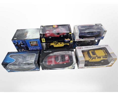 Seven die-cast scale model cards including Maisto, Hot Wheels, Solido, together with a Star Wars Classic Collector's Series W