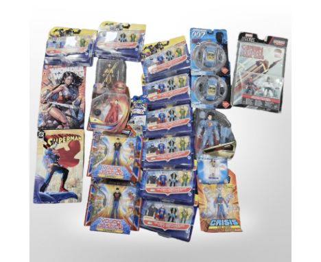 21 various Mattel and other figurines and collectibles to include Captain Marvel, DC Universe, Justice League, James Bond, et