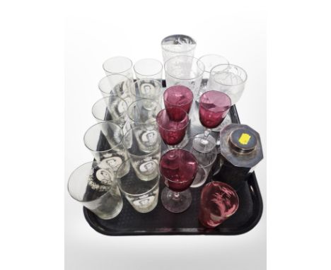 A set of 10 King Edward VIII etched coronation glass beakers, a further pair of etched glasses with presentation dated 1895, 
