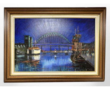 Dallas K Taylor (British, 1941-2011) : The Bridges of Newcastle upon Tyne and Gateshead, oil on board, 74cm x 49cm.