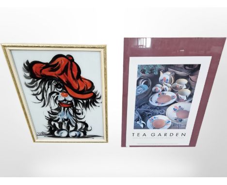 A Clarice Cliff print and an Italian painting of a dog in gilt frame, overall 66 cm x 51 cm 