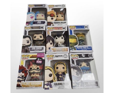 Eight Funko Pop! figurines including League of Legends, Halo, Magic: The Gathering, Mortal Combat X, Game of Thrones, etc., b