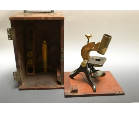 A lacquered brass student's microscope, by Henry Crouch, London, 2165, mahogany case