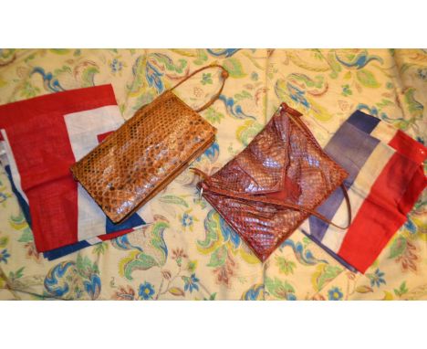 Textiles - a red stained python skin vintage hand bag; another; a textileprinted panel of flowers; flags; etc.