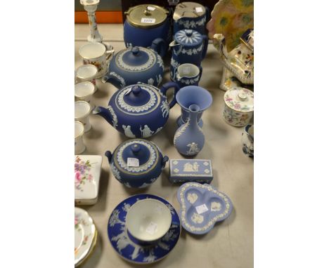 A Wedgwood Jasperware EPNS mounted biscuit barrel, two teapots, sucrier and cover, hot water jug, cup and saucer; quantity