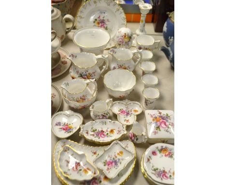 A Royal Crown Derby Posie pattern flared cylindrical vase, bridge trays, egg on stand, candlestick, set of five graduated jug