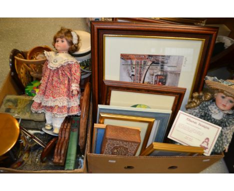 Prints and Pictures - watercolour landscapes, framed print of Friargate Derby, decorative pictures; tins; two dolls; treen; q
