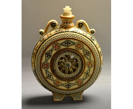 A Continental pottery moon flask lamp base,  probably Mettlach/Zsolnay Pecs, the centre pierced with stylised flower, banded 