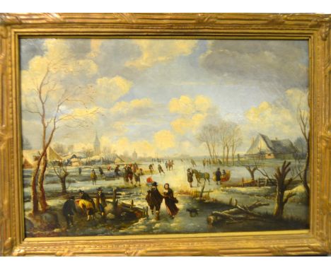 Dutch School (19th Century) Snowcapped Village and Frozen Lake, oil on panel, 34cm x 49cm 