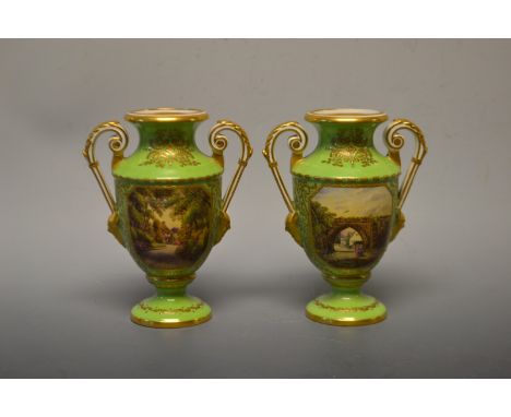 A pair of Sampson Hancock Derby Named View two-handled pedestal ovoid vases, painted by Harry Hancock, signed to base, with L