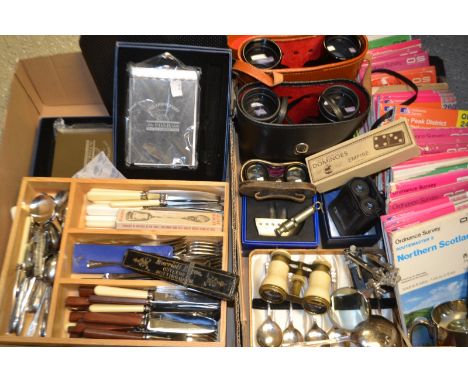 Boxes and Objects - a pair of opera glasses; binoculars; magnifying glasses; Ordnance Survey maps; flatware; etc. (2 boxes)
