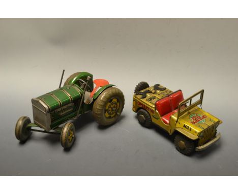 Toys - tin plate toys, tractor green body, yellow hubs,  operator jeep, gold body, angular hubs (2)