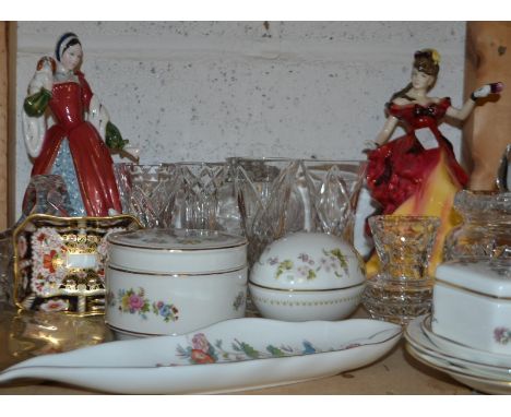 A Royal Doulton figure, Belle HN3703 ; another, Anne Boleyn HN3232 ; a Royal Crown Derby Imari trinket tray ; a silver hand m