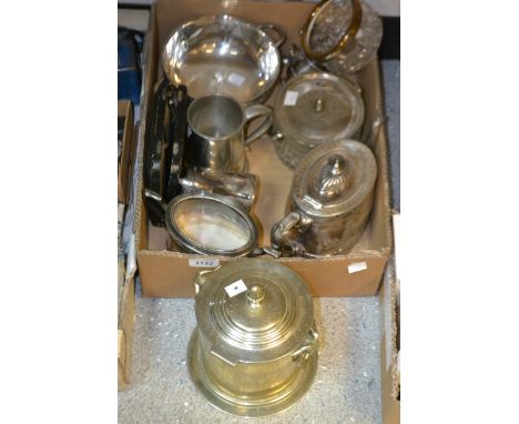 Silver plate - a Victorian biscuit barrel with handle; three piece tea service; novelty snail picks/forks
