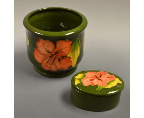 A Moorcroft Hibiscus pattern small jardiniere; an oval trinket box and cover (2)