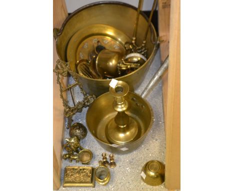 Metalware - a brass preserve pan; another; an RAF button polisher; a toasting fork; etc.; quantity