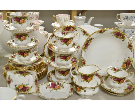 A Royal Albert Old Country Roses teaset, dessert plates, milk and sugar, fruit bowl, trinket dishes; etc.