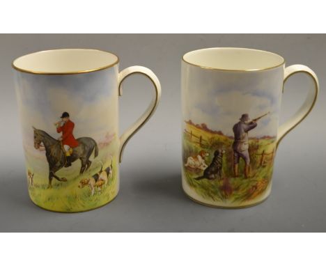 A pair of Royal Crown Derby hunting scene mugs, including The Partrideg Shoot, painted by Doyle (2)