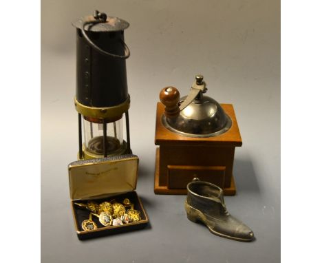 A Davis of Derby brass and iron miners lamp; a coffee grinder; cuff links; etc.