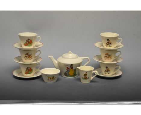 A Wade type Walt Disney nursery tea set, for six, each printed in colours with character, Snow White, Jimmy Cricket, Thumper,