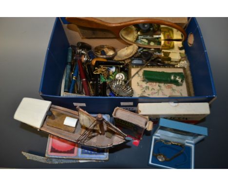 Boxes and Objects - pocket knives, fountain pens, other pens, Bakelite whistle, costume jewellery, enamelled badges, games, p