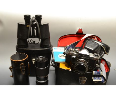 Photography - a Praktica Super TL 35mm camera, cased; a zoom lens; other accessories; a pair of Zenith binoculars, cased; etc