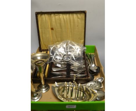 A pair of silver napkin rings; EPNS flatware; toast rack; trumpet posy vases; etc.