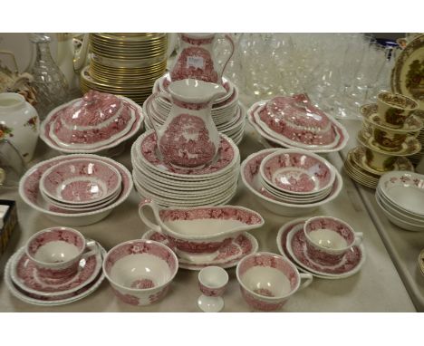 A large and comprehensive Adams English Scenic tea and dinner service, printed in red and white with pastoral scenes, qty