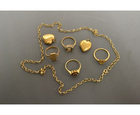 Jewellery - a 9ct gold belcher link necklace;  a 9ct gold ring mount;  a gold front and back heart locket;  another;  a yello