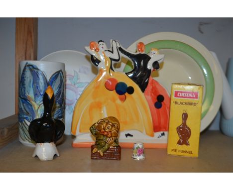 Ceramics - a Clarice Cliff honey glaze bowl; a Poole plate; a Wade Humpty Dumpty; pie funnels, etc