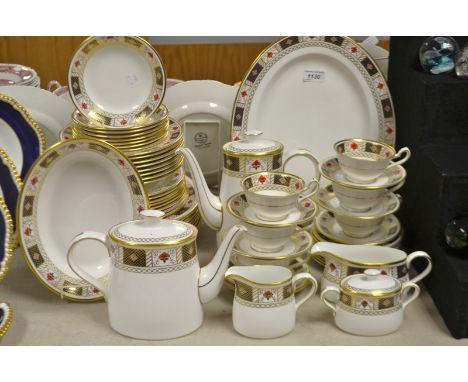 A Royal Crown Derby Derby Borders pattern dinner and tea service, for eight, comprising coffee pot, teapot, meat plates, dinn