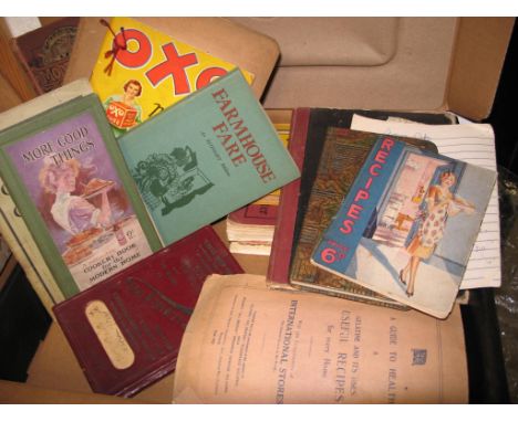 A box of cookery books, pamphlets and manuscript recipes.