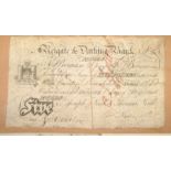 REIGATE & DORKING BANK, an engraved 5 pound Sterling cheque, cut in two & laid on album leaf, ms.