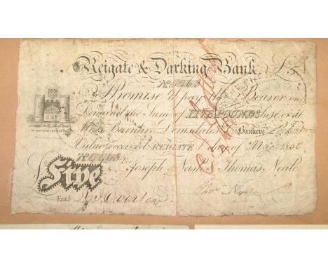 REIGATE &amp; DORKING BANK, an engraved 5 pound Sterling cheque, cut in two &amp; laid on album leaf, ms. date of May 1850.