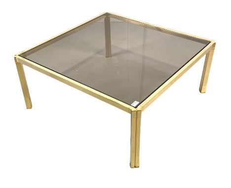 Vintage mid-20th century coffee table, smoked glass top raised on brass frame and supportsDimensions: Height:&nbsp;37cm&nbsp;