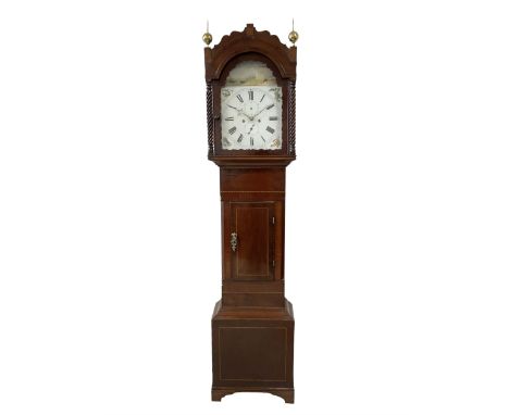 Mid-19th century - mahogany 8-day longcase clock, with a break arch pediment and two brass finials, conforming hood door with