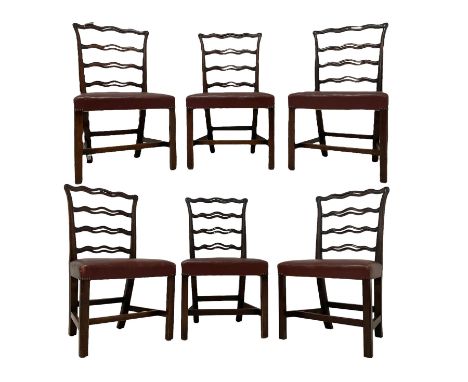 Set six Hepplewhite design mahogany dining chairs, the pierced and waived cresting rail with scrolled foliate carved decorati