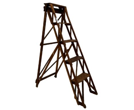 Jones's Patent - early 20th century pine library or shop step ladder, five tread, with patent lattice work mechanism, stamped