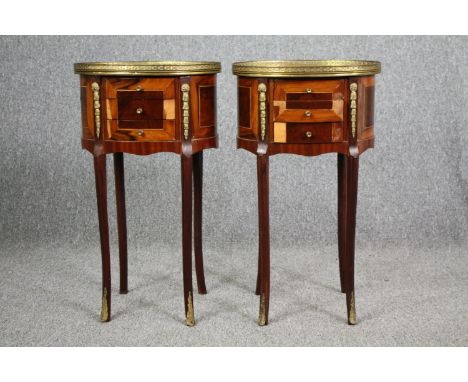 A pair of Louis XV style lamp tables, kingwood and walnut crossbanded with ormolu mounts. (Some veneer missing as seen). H.70