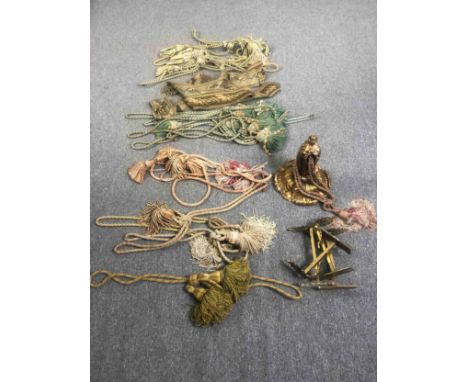 A collection of silk tie backs along with a tapestry pair. L.192cm. (Largest). 