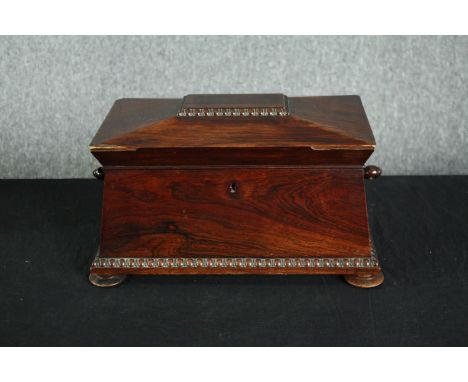 Tea caddy, Regency mahogany with satinwood fitted interior and original mixing bowl. H.21 W.39 D.19cm. 